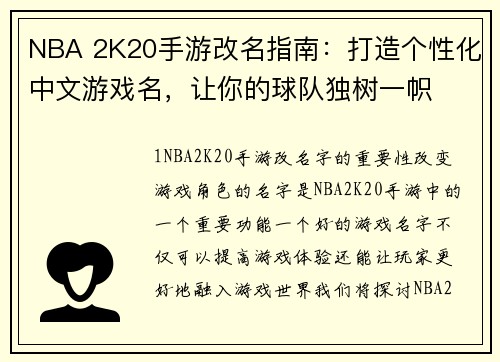 NBA 2K20手游改名指南：打造个性化中文游戏名，让你的球队独树一帜